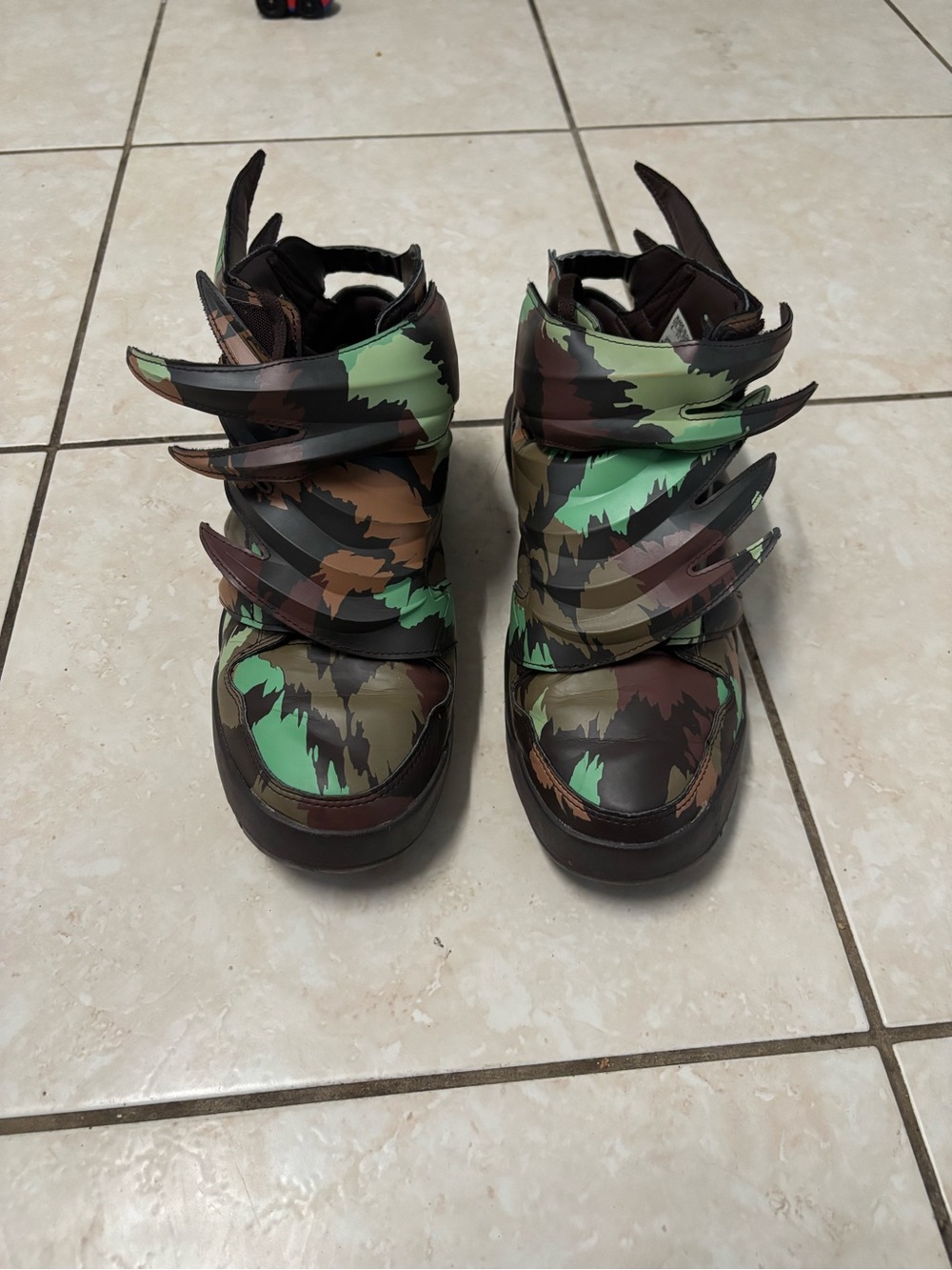 Jeremy Scott x Adidas Camouflage High-Top Sneakers in Green and Brown